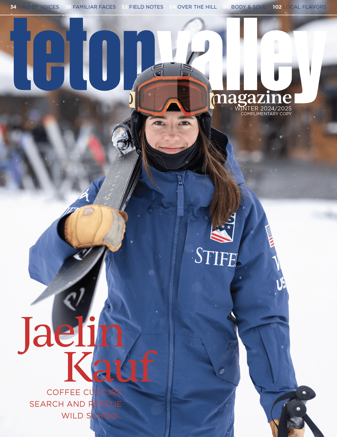 Cover of Teton Valley Magazine's Winter 2024/2025 issue with image of girl holding skis. Published in Driggs Idaho.